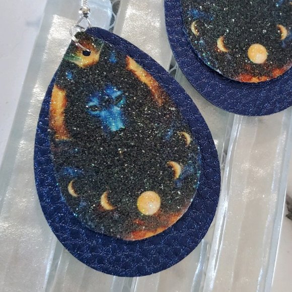 Wolf Moons Blue Faux Leather Teardrop Earrings - Picture 2 of 9